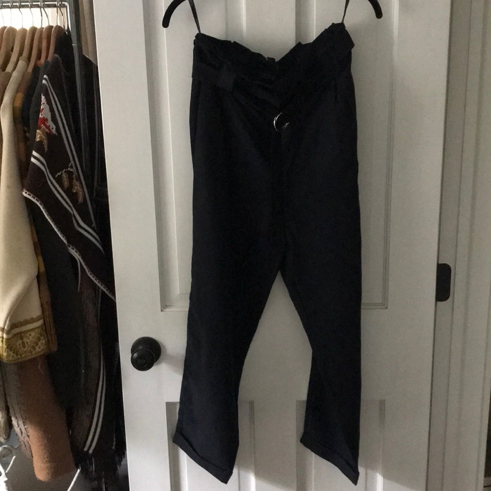 Topshop tapered belted pants trousers navy size 6